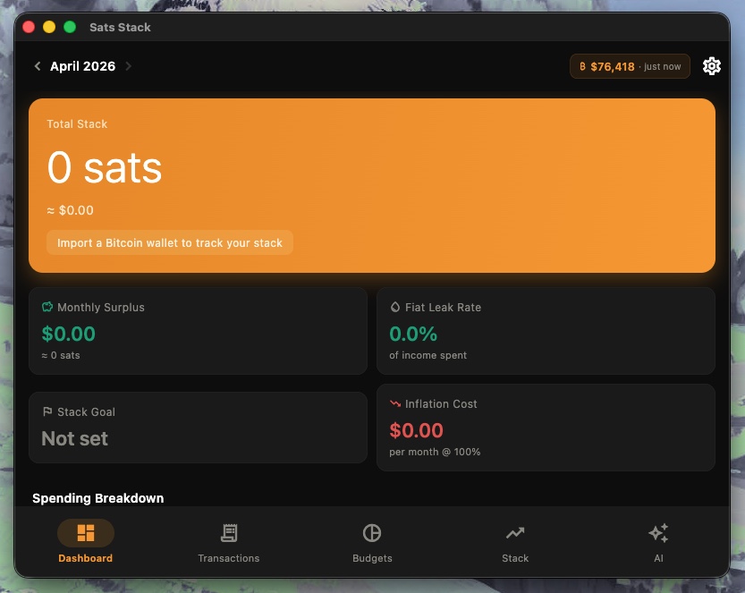 Sats Stack dashboard showing total stack, monthly surplus, fiat leak rate and inflation cost
