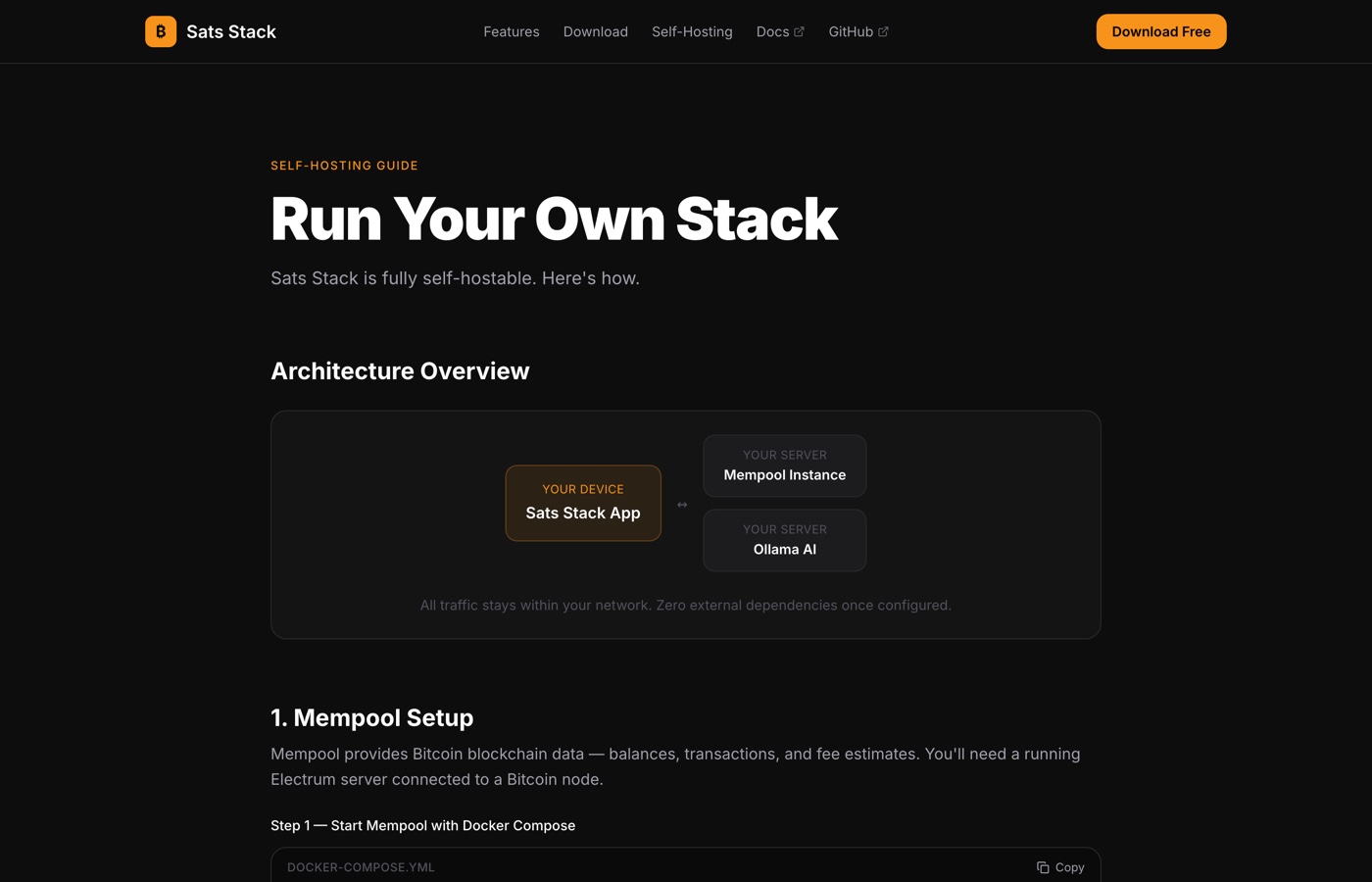 The Sats Stack self-hosting guide showing the architecture diagram
